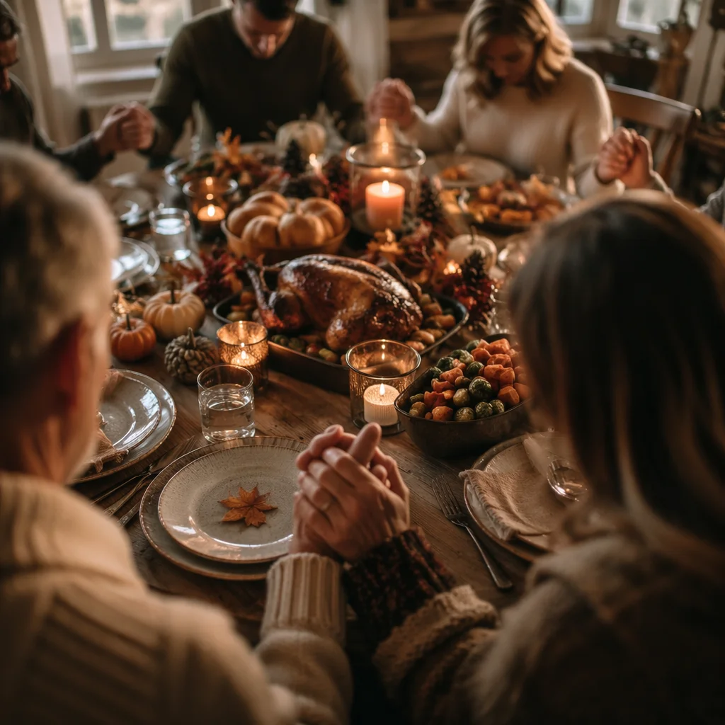 Thanksgiving Family Prayer Around Rustic Dinner Table