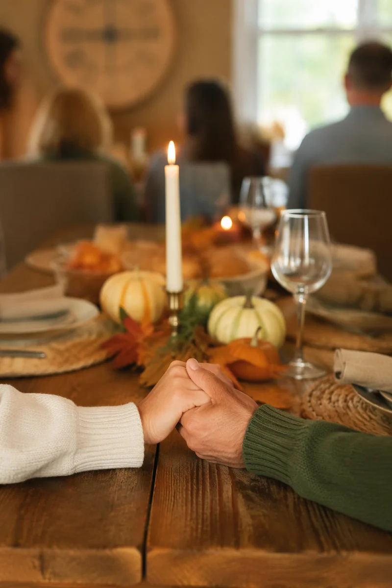 Thanksgiving Family Prayer at Rustic Dinner Table