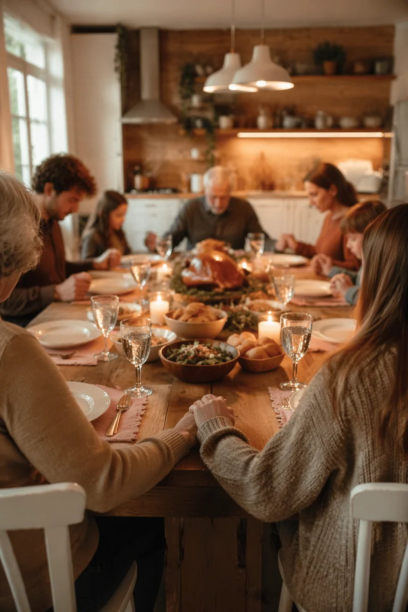 Thanksgiving Family Prayer Around Rustic Dinner Table