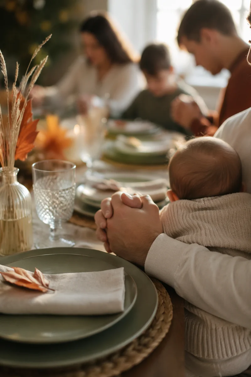 Thanksgiving Family Prayer at Cozy Dinner Table