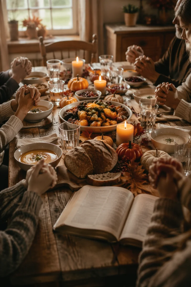 Thanksgiving Family Prayer Around Rustic Dinner Table