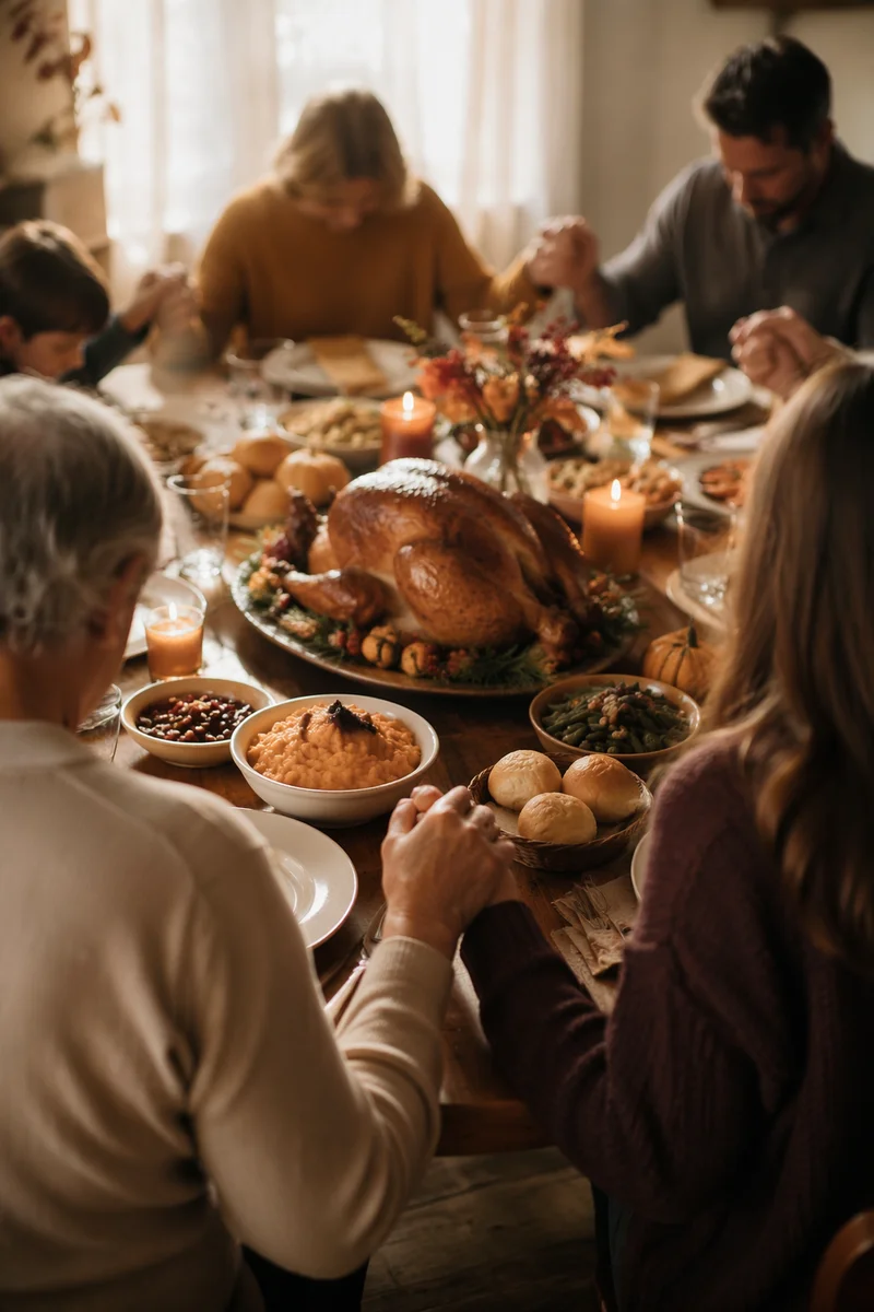 Thanksgiving Family Prayer Around Autumn Dinner Table