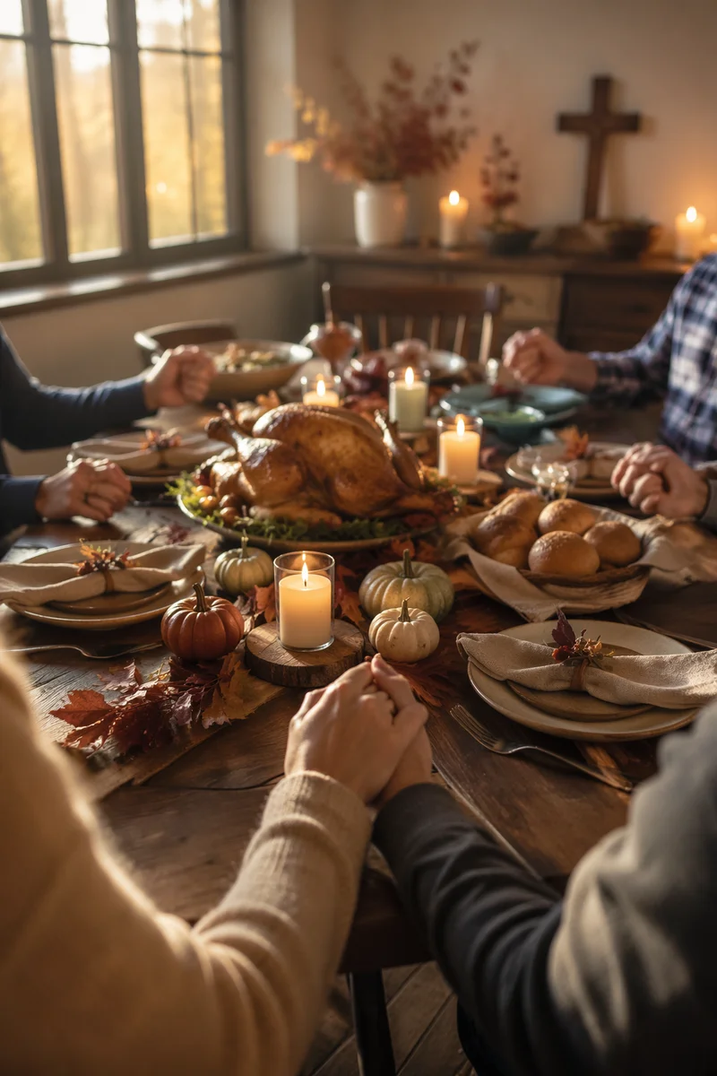 Thanksgiving Family Prayer at Farmhouse Table