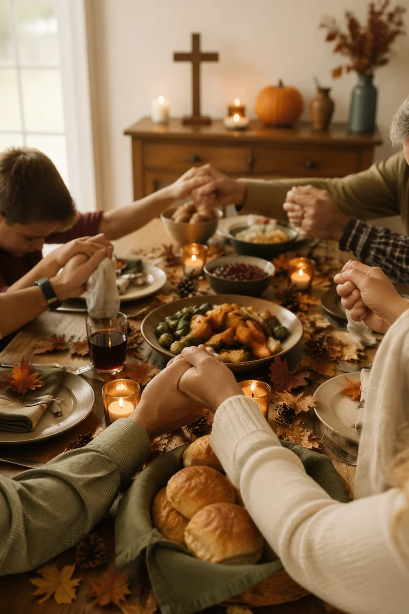 Thanksgiving Family Prayer Around Rustic Dinner Table