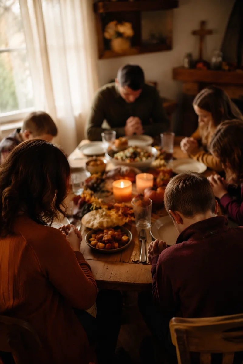 Thanksgiving Family Prayer at Rustic Dinner Table