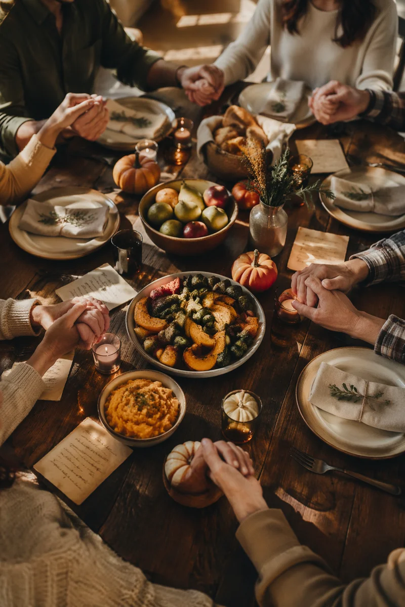 Thanksgiving Family Prayer Around Rustic Dinner Table