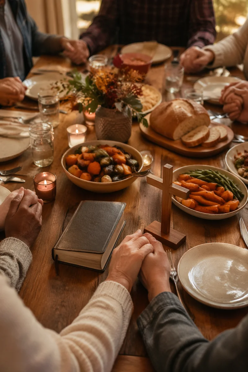 Thanksgiving Family Prayer Around Rustic Dinner Table