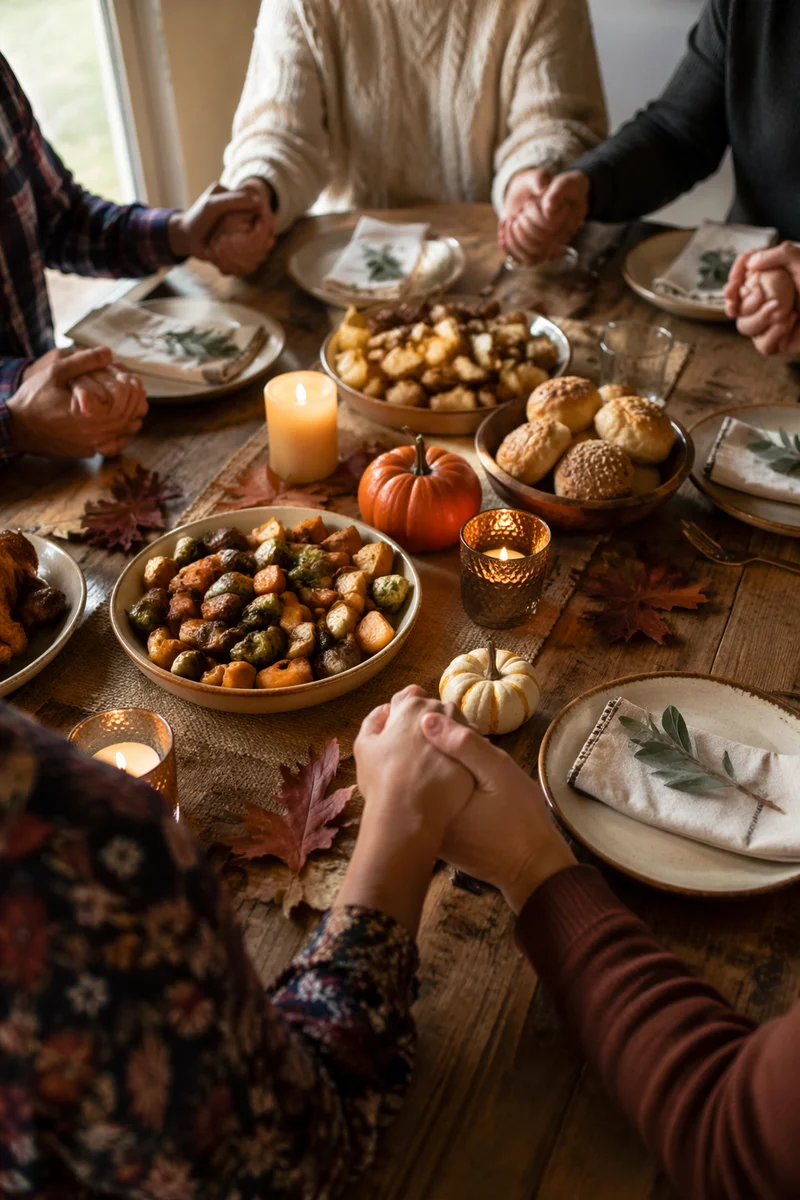 Thanksgiving Family Prayer Around Rustic Dinner Table