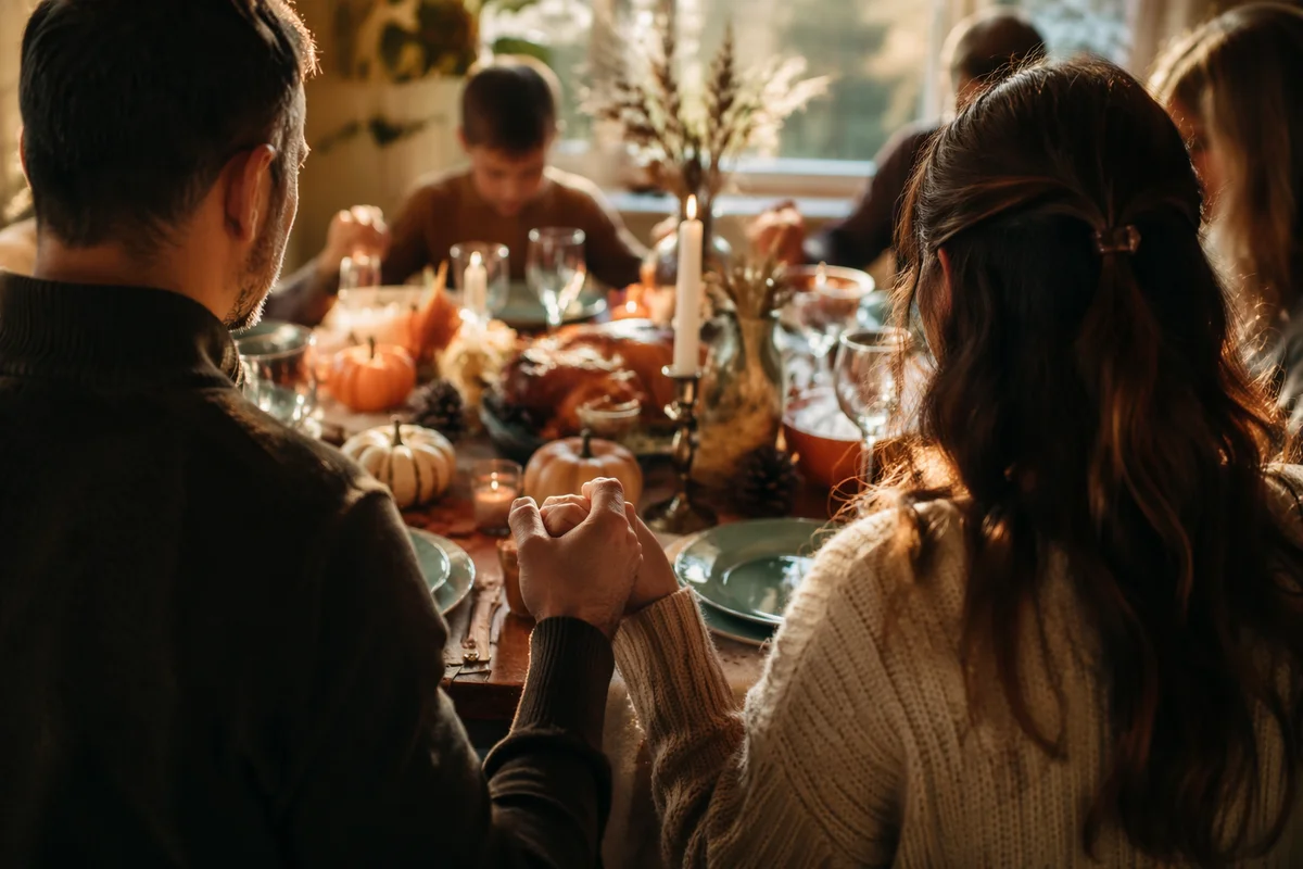 Thanksgiving Family Prayer Around Autumn Dinner Table
