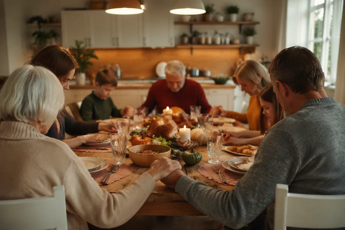 Thanksgiving Family Prayer Around Rustic Dinner Table