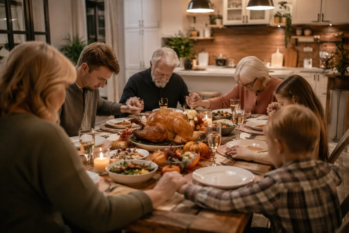 Thanksgiving Family Prayer Around Rustic Dinner Table