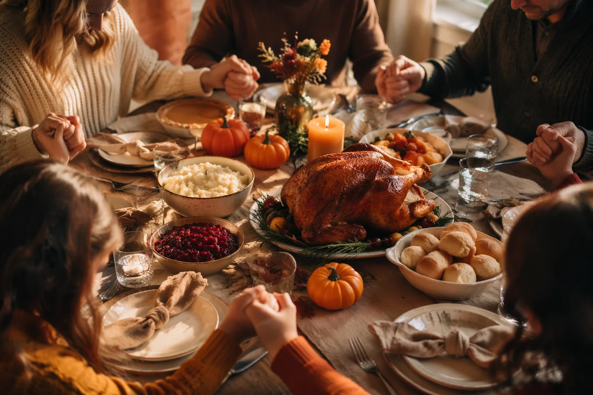 Thanksgiving Family Prayer Around Rustic Dinner Table