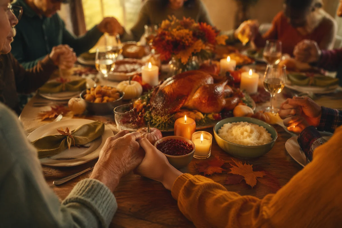 Thanksgiving Family Prayer Around Rustic Dinner Table