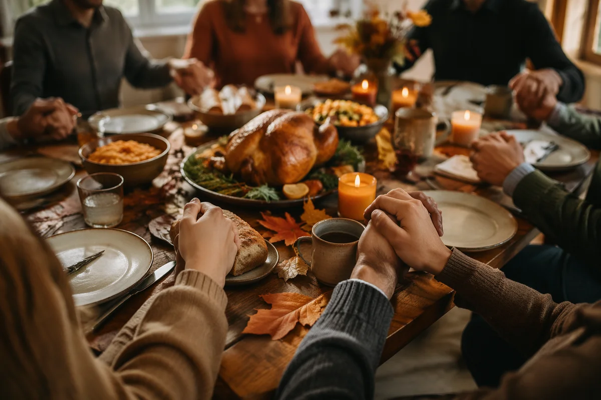 Thanksgiving Family Prayer Around Rustic Dinner Table