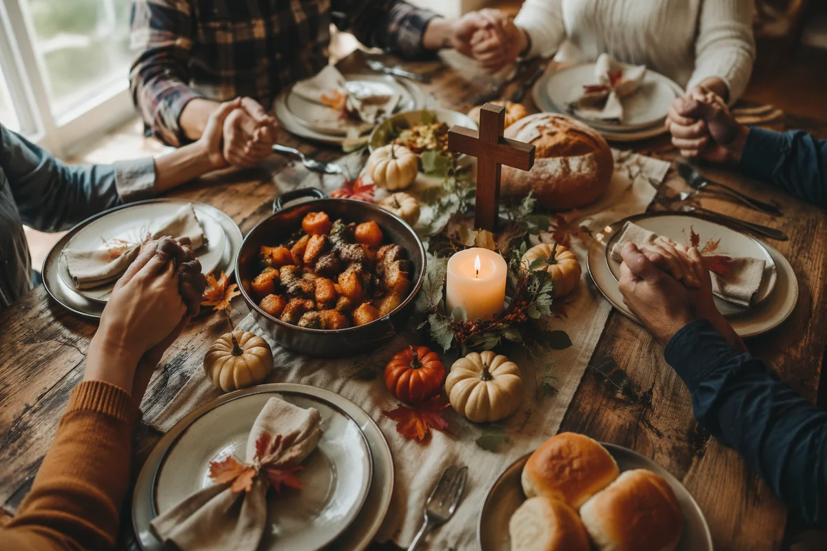 Thanksgiving Family Prayer Around Rustic Table