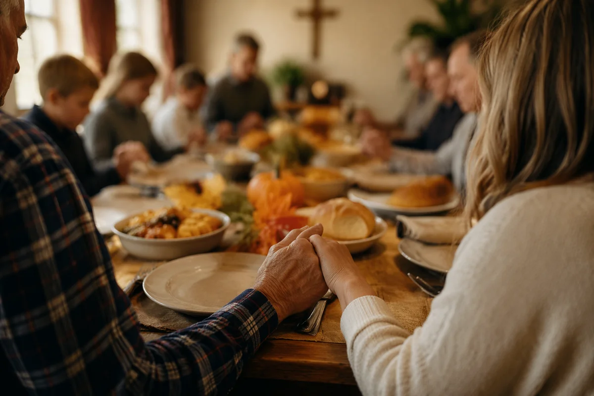Thanksgiving Family Prayer at Rustic Dinner Table
