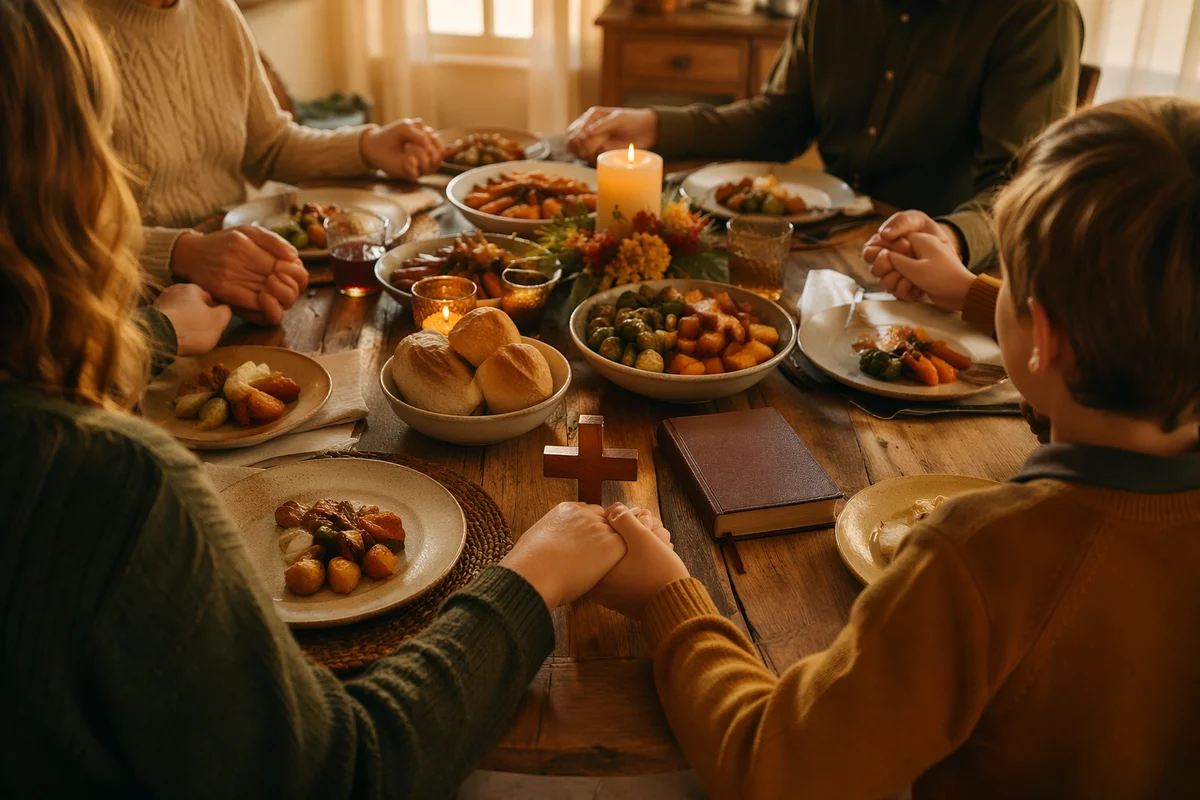 Thanksgiving Family Prayer Around Rustic Dinner Table