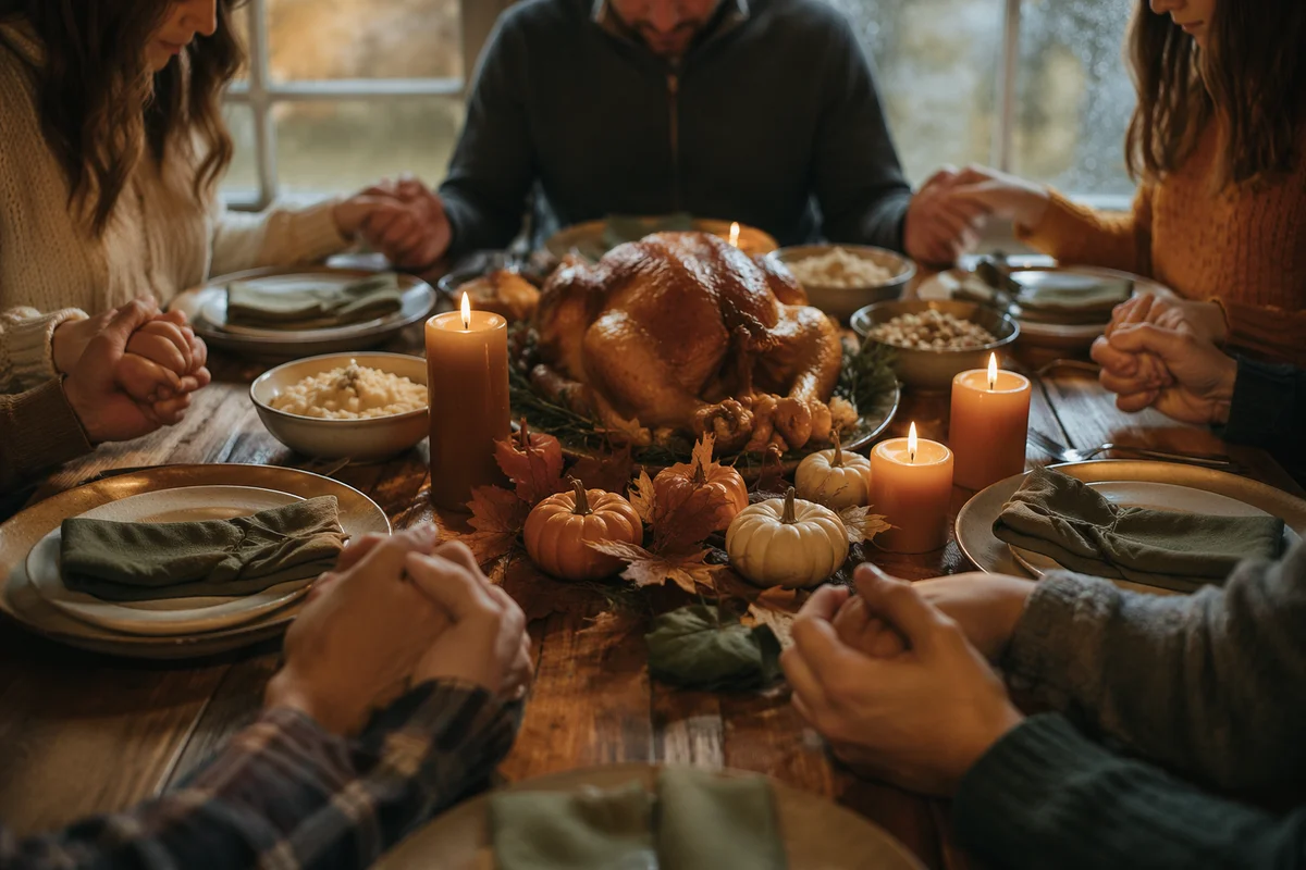 Thanksgiving Family Prayer at Rustic Dinner Table