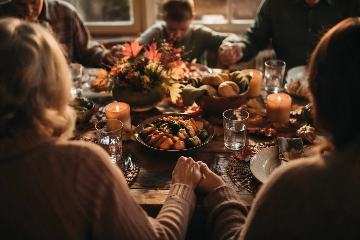 Thanksgiving Family Prayer at Rustic Dinner Table