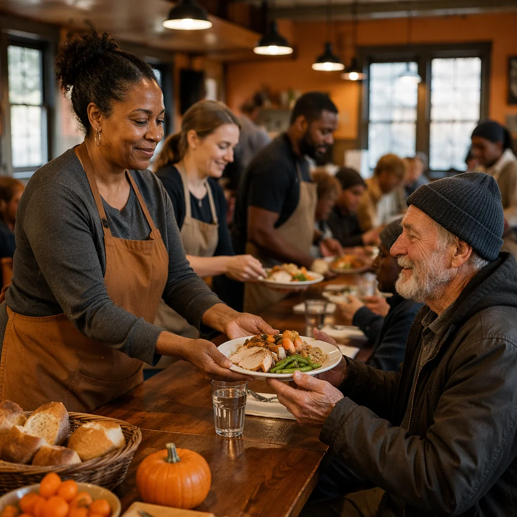 Volunteers Serving Thanksgiving Dinner at Shelter