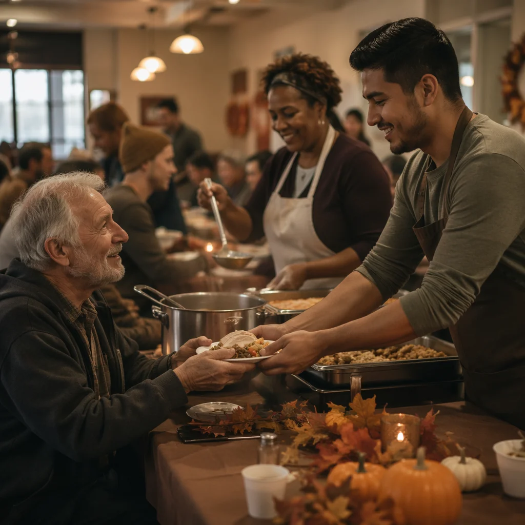Volunteers Serving Thanksgiving Meal in Shelter