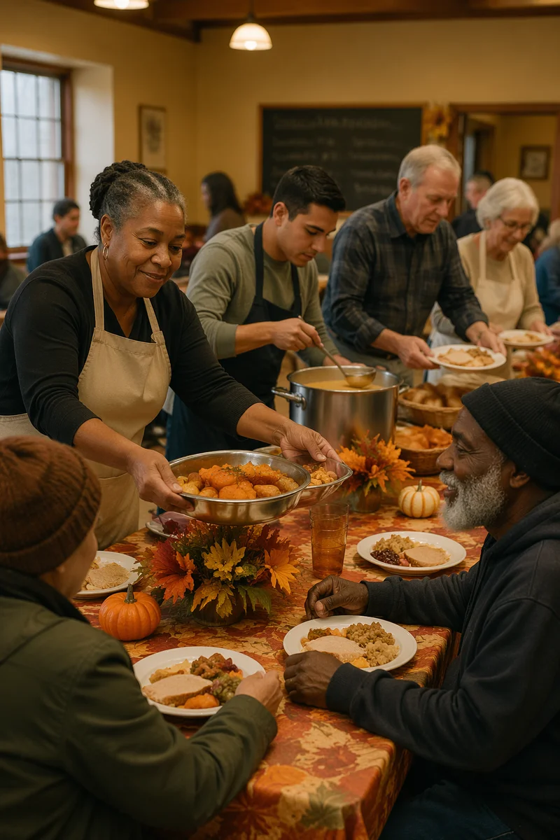 Volunteers Serving Thanksgiving Meal in Shelter Hall