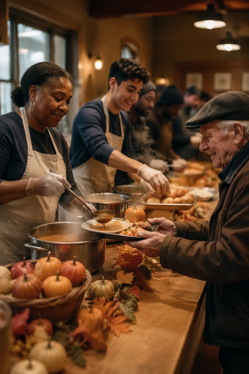 Volunteers Serving Thanksgiving Dinner in Shelter Hall
