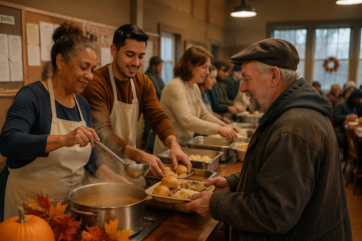 Volunteers Serving Thanksgiving Dinner in Shelter Hall