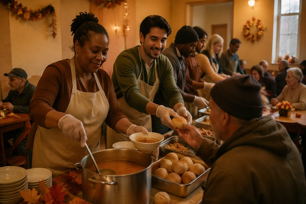 Volunteers Serving Thanksgiving Meal in Community Shelter