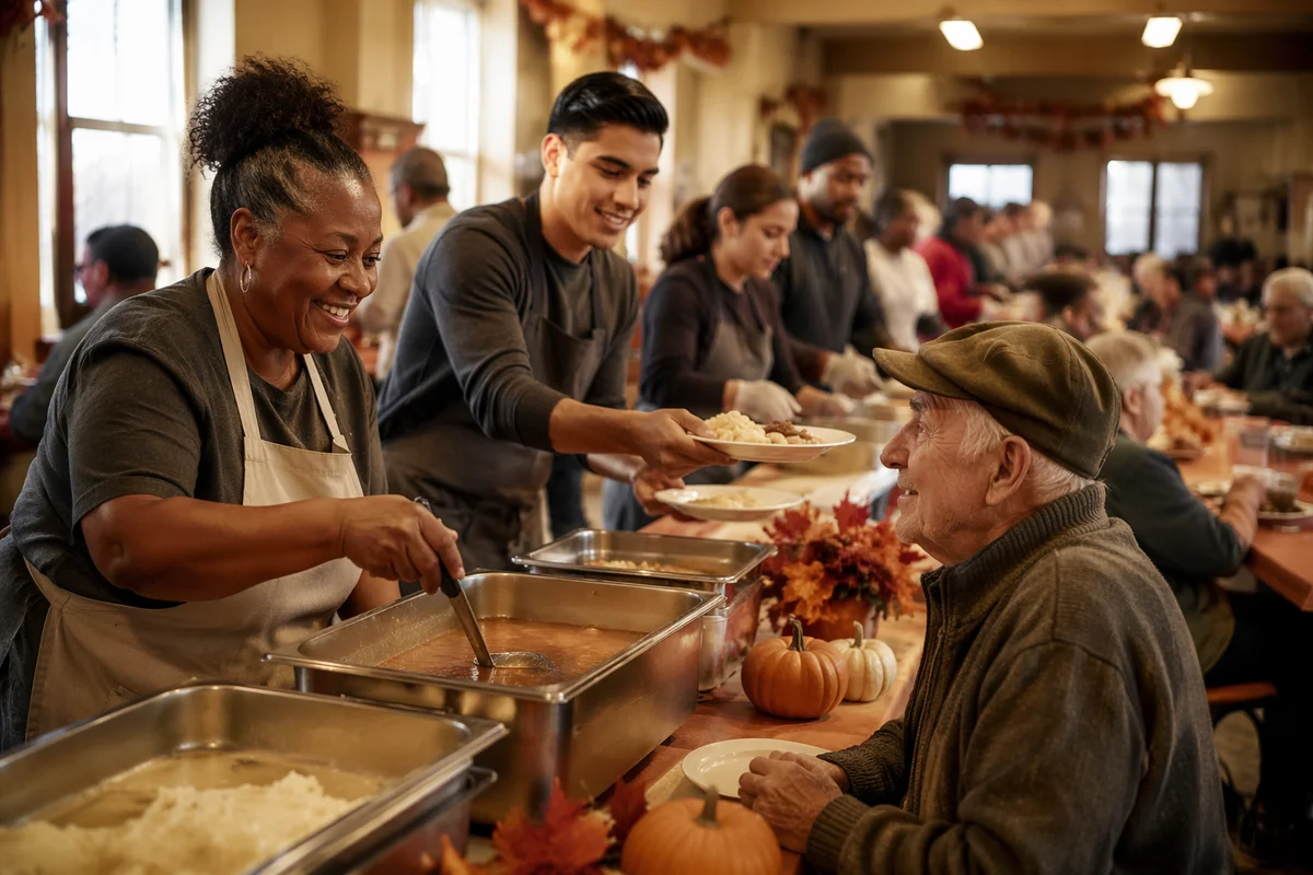 Volunteers Serving Thanksgiving Meal in Shelter