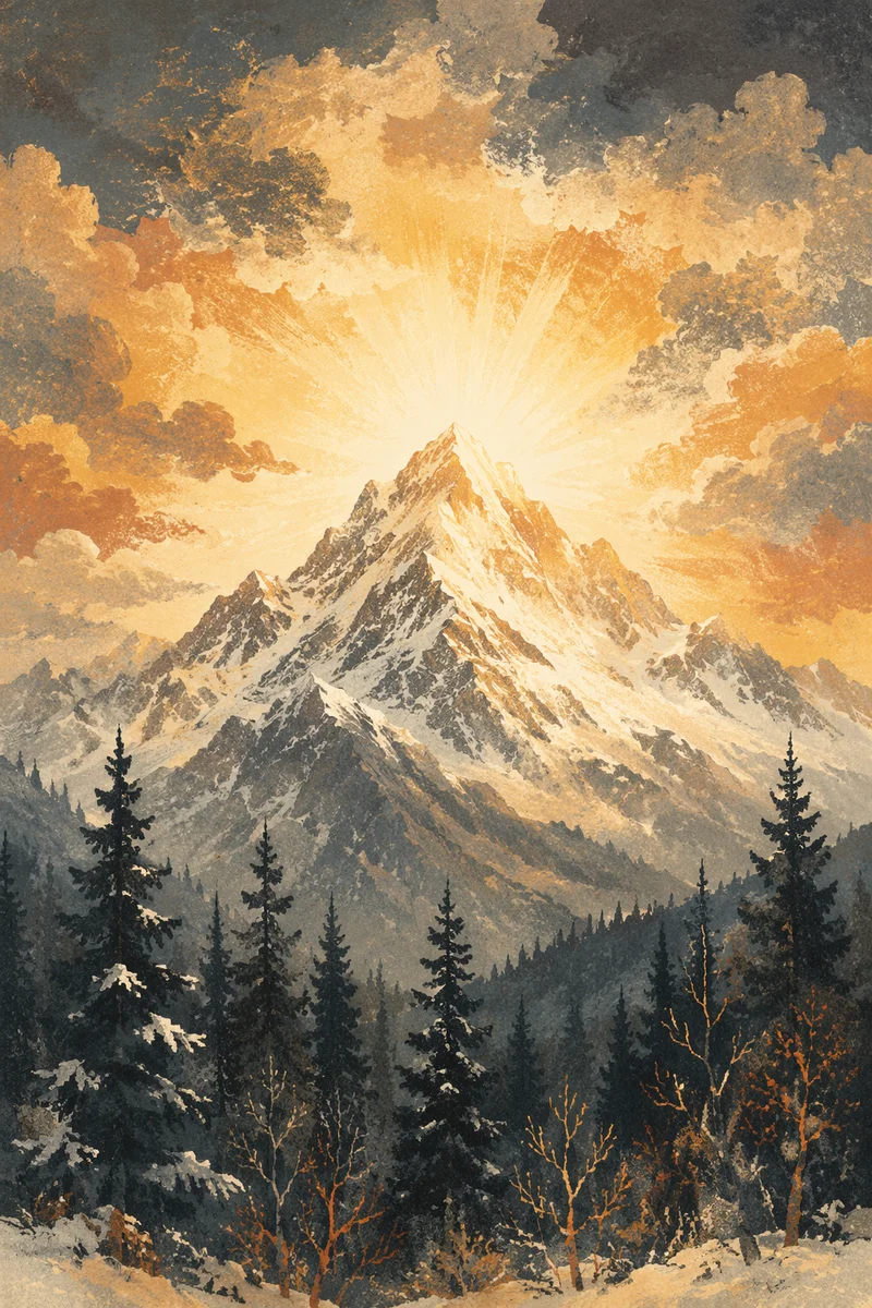 Radiant Glory Over Winter Mountain Peak