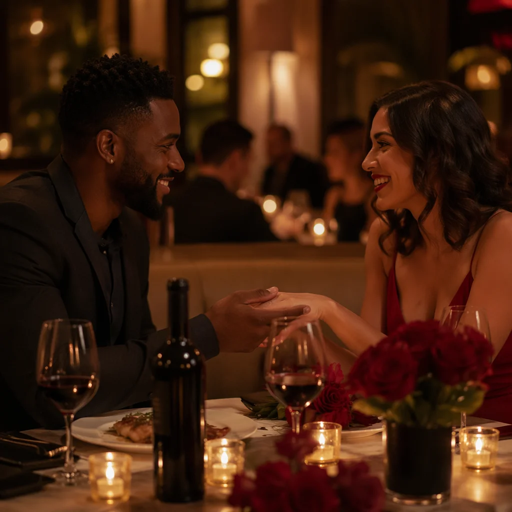 Romantic Couple Dinner in Candlelit Restaurant