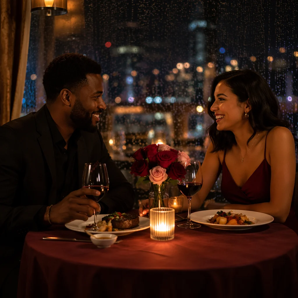 Romantic Couple Dinner by Rainy Window