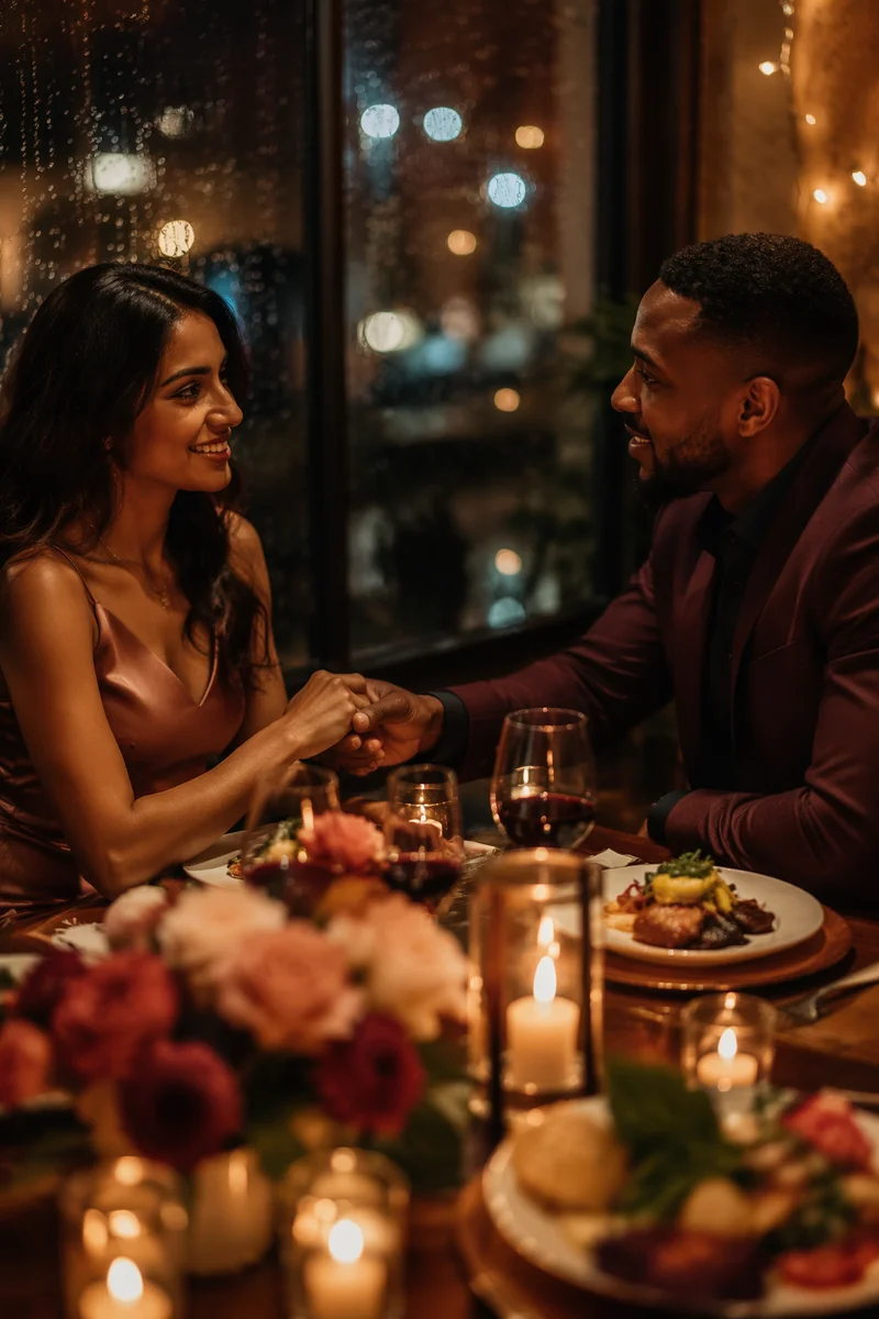 Romantic Couple Dinner by Rainy Window