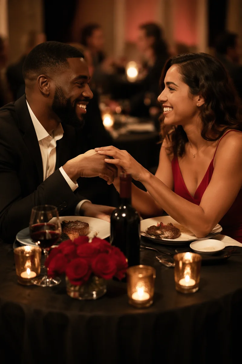 Romantic Couple Dinner in Candlelit Restaurant