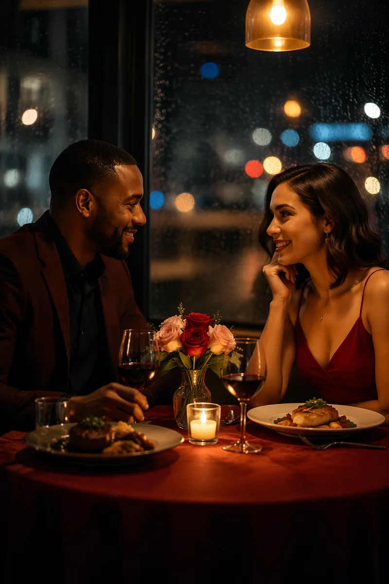 Romantic Couple Dinner by Rainy Window