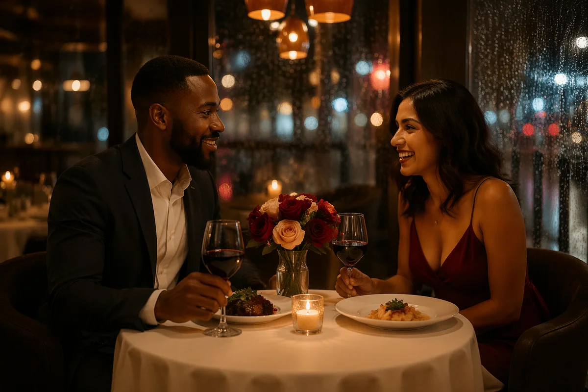 Romantic Couple Dinner by Rainy Window