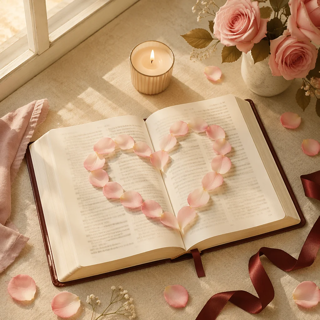Valentine Heart Petals on Open Bible