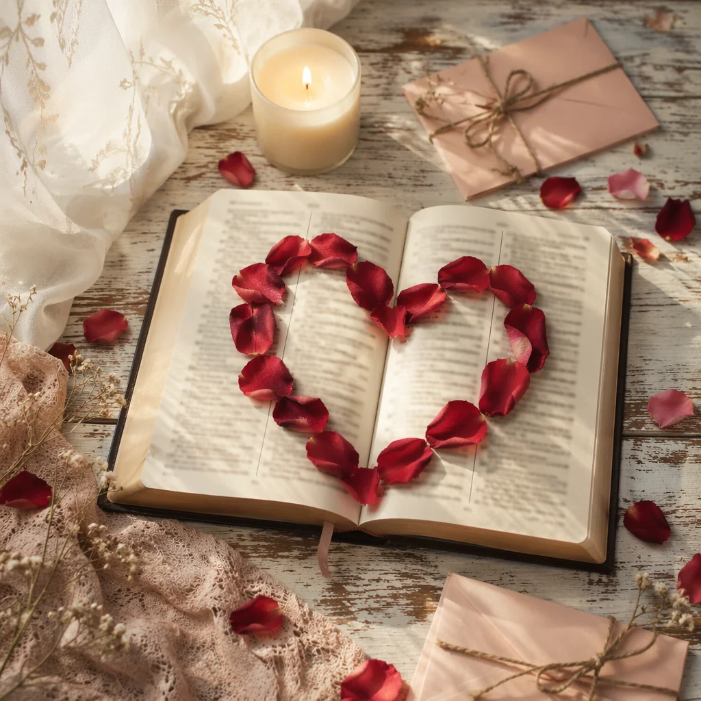 Open Devotional Book with Rose Petal Heart