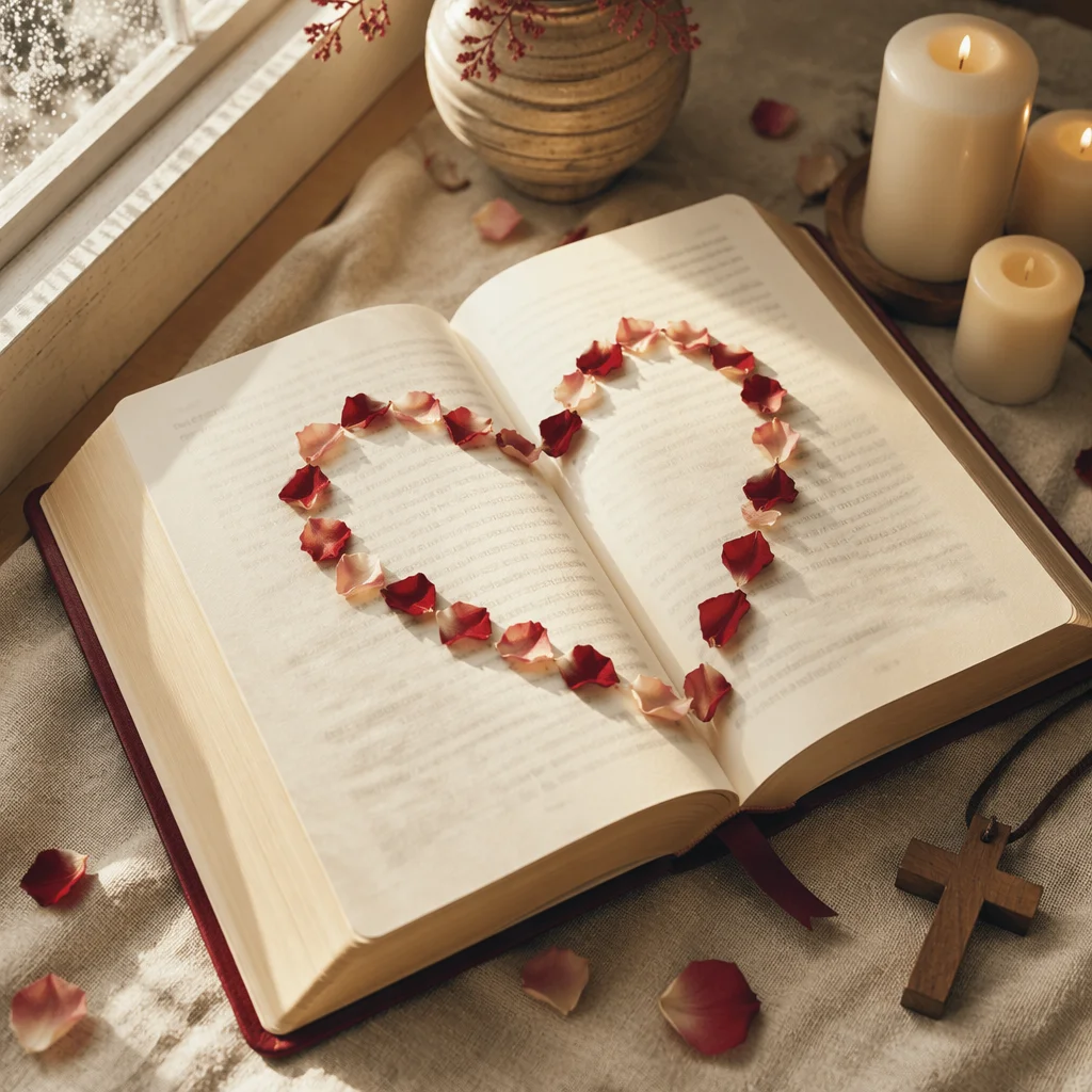 Heart Shaped Rose Petals on Bible