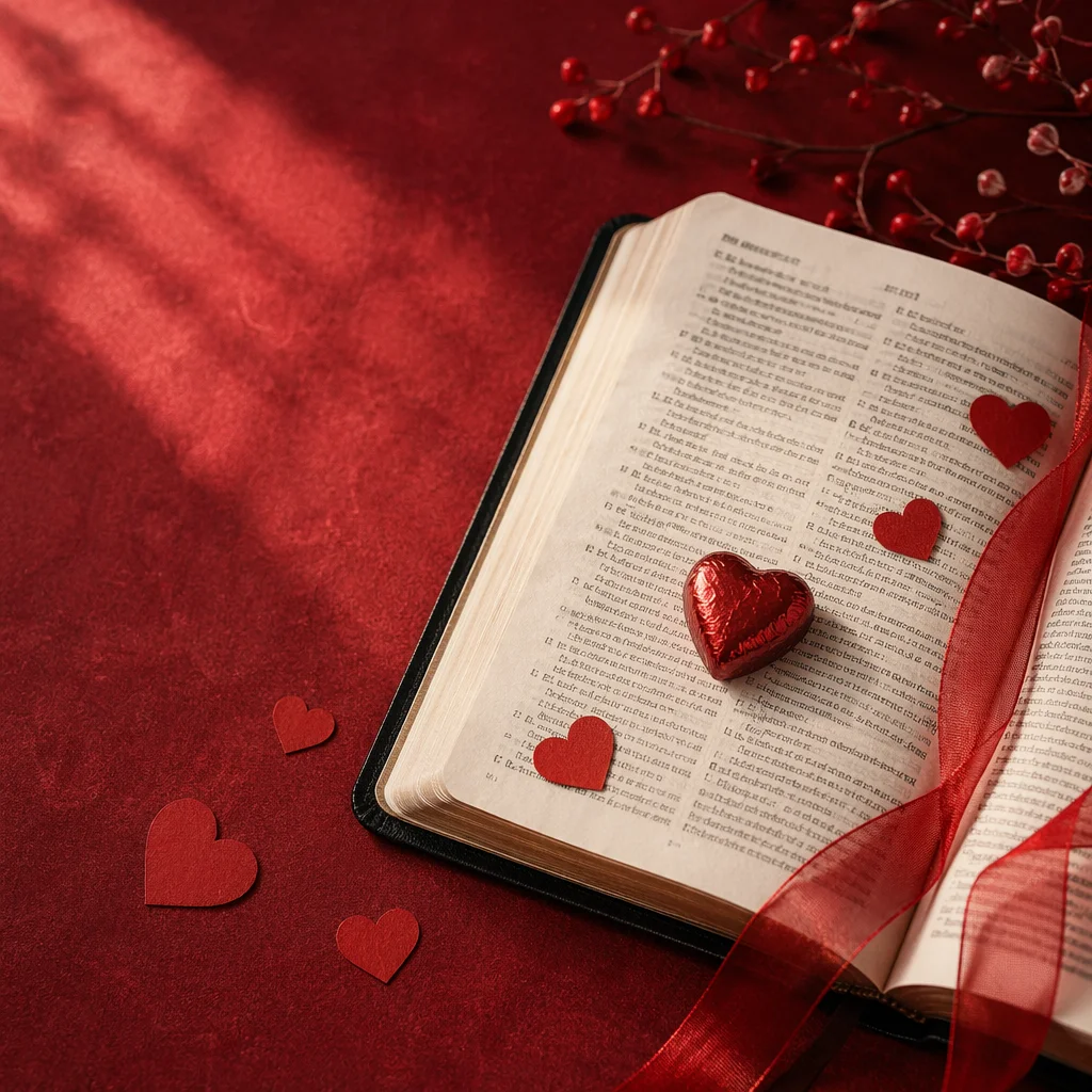 Valentine Heart on Open Bible Flat Lay