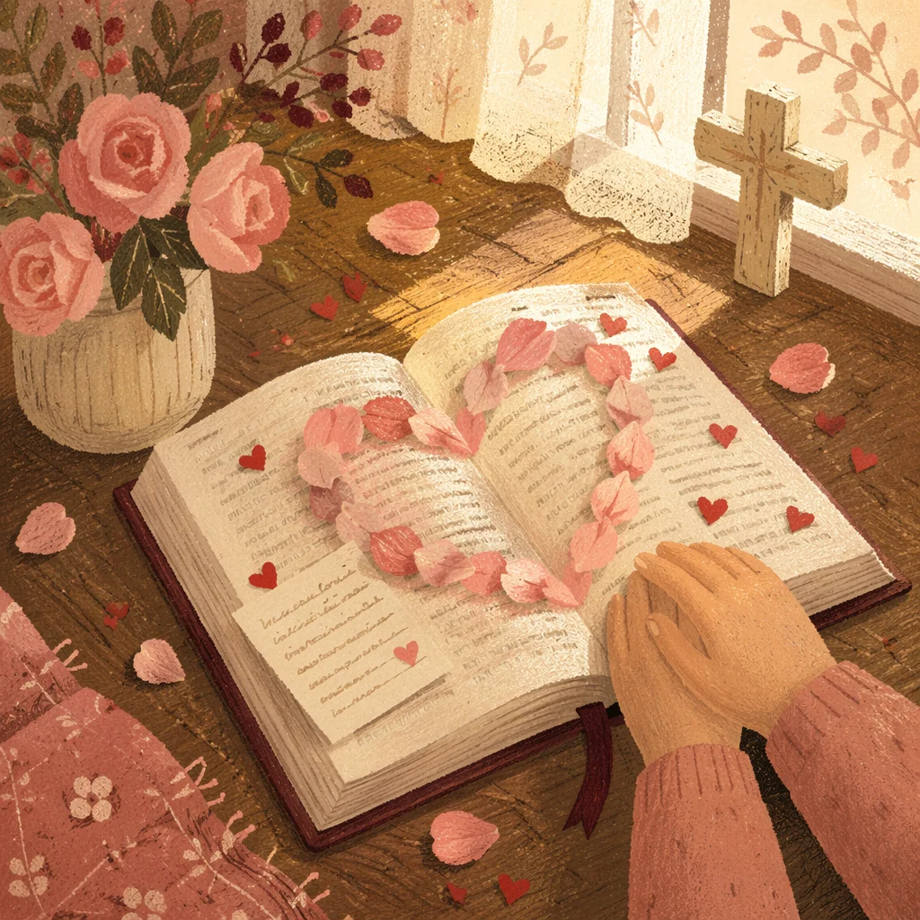 Open Bible with Valentine Heart Petals