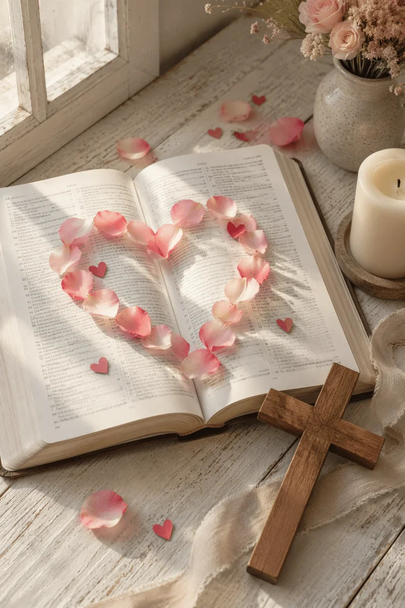 Open Bible with Rose Petal Heart