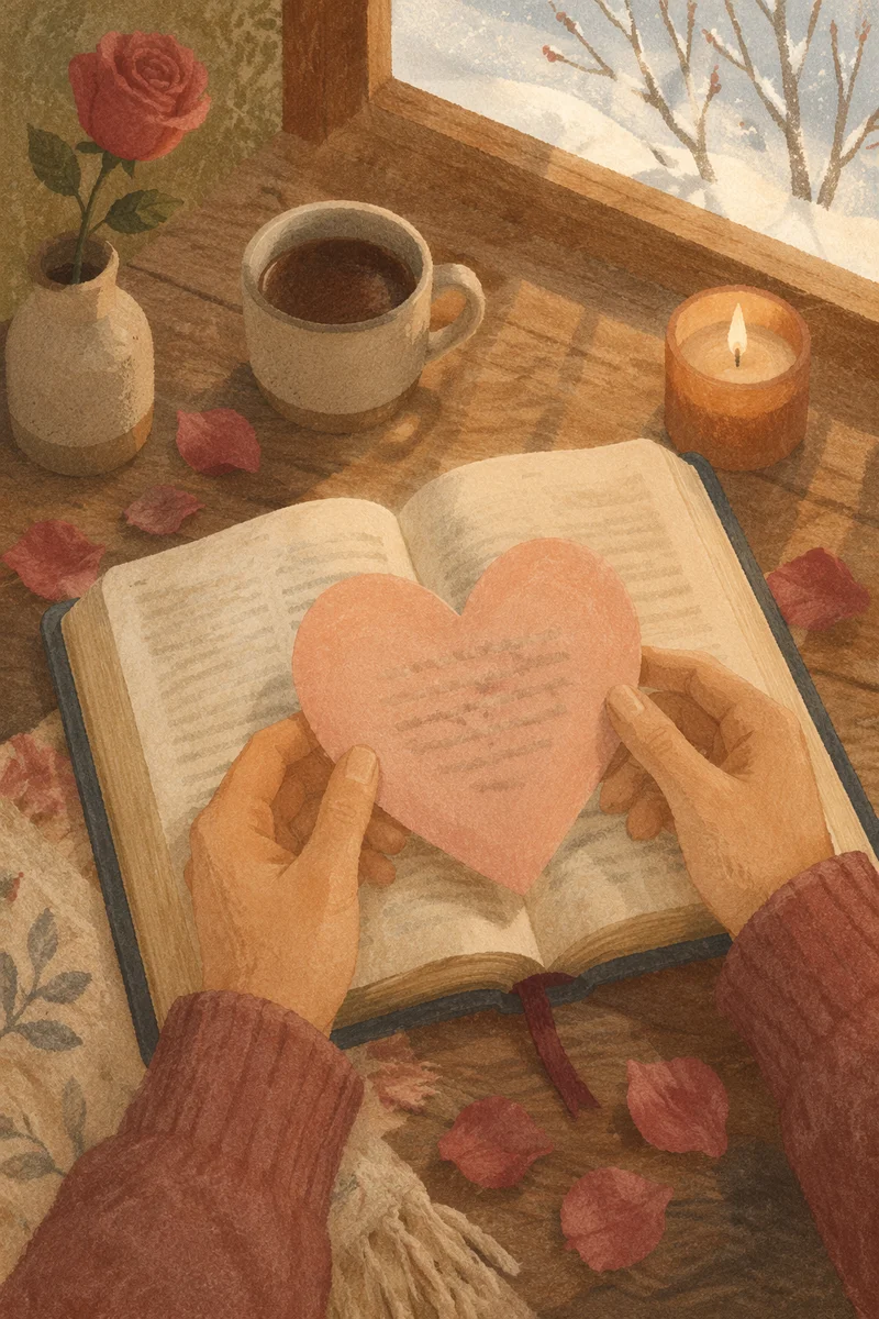 Hands Placing Heart Card on Open Bible