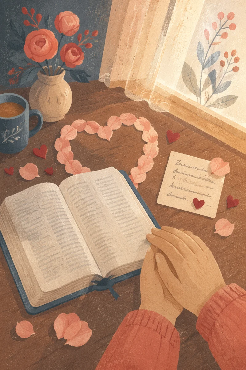 Open Bible with Rose Petal Heart