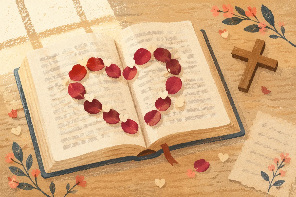 Open Bible with Rose Petal Heart
