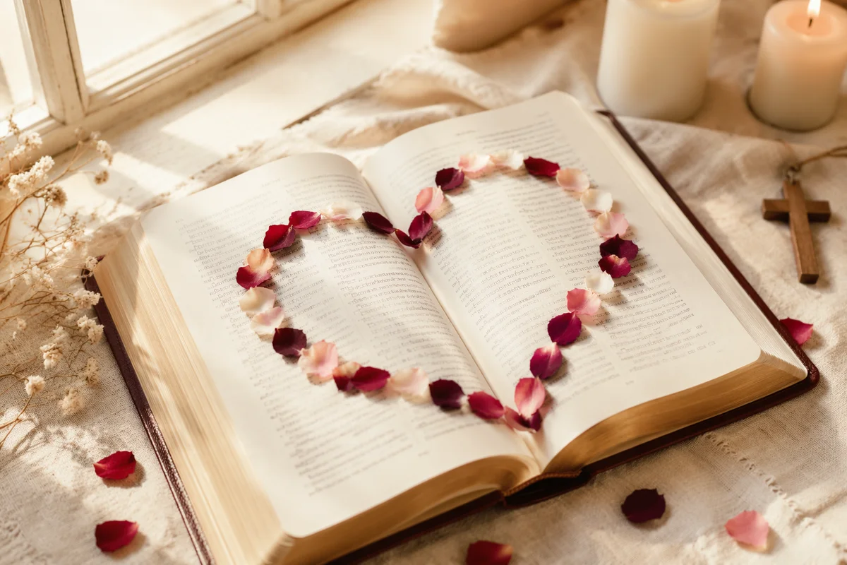 Valentine Bible Heart with Rose Petals