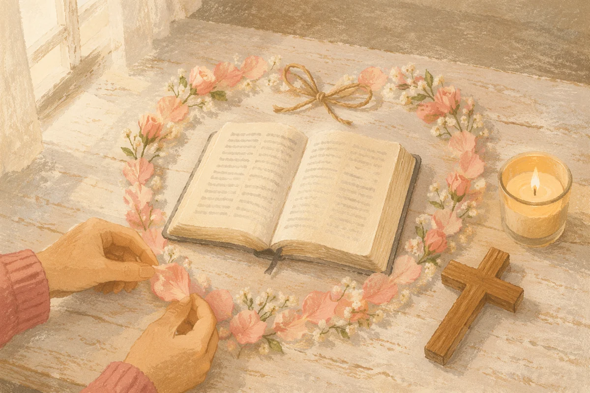 Open Bible with Heart Petal Wreath