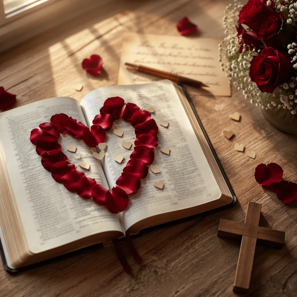 Open Bible with Rose Petal Heart