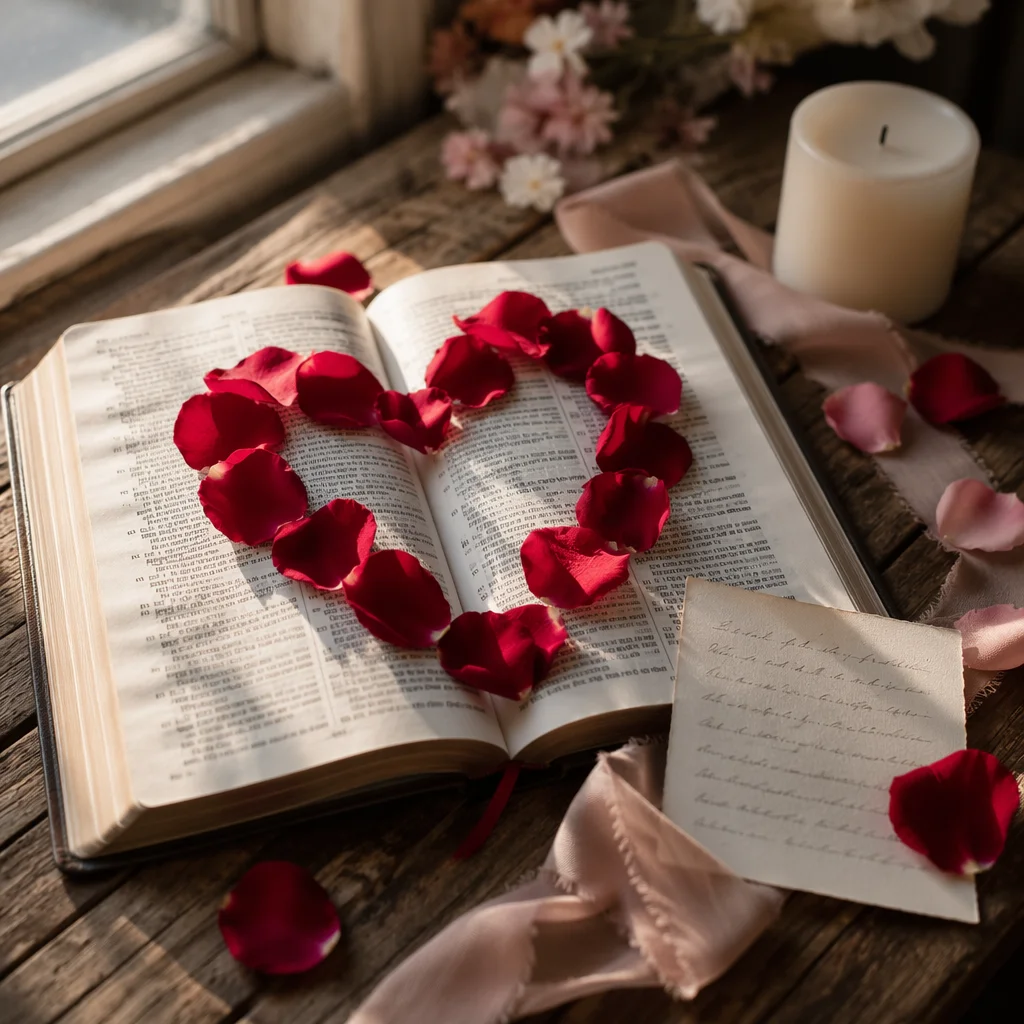 Valentine Rose Petal Heart on Bible